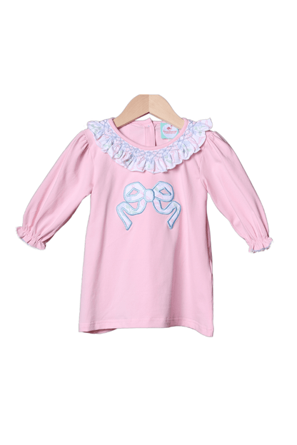 The Smocked Flamingo Apparel & Accessories Pink Knit Floral Applique Bow Dress