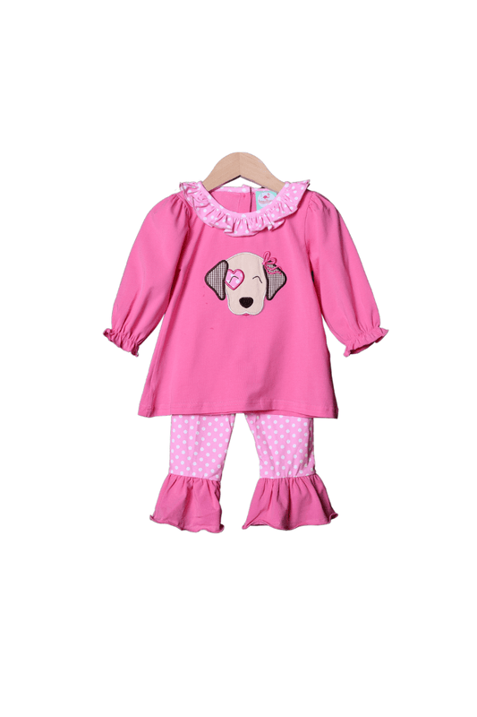 The Smocked Flamingo Apparel & Accessories Pink Puppy Love Applique Knit Pant Set