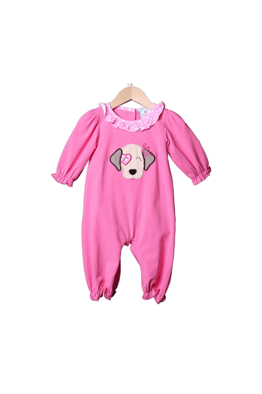 The Smocked Flamingo Apparel & Accessories Pink Puppy Love Applique Knit Romper