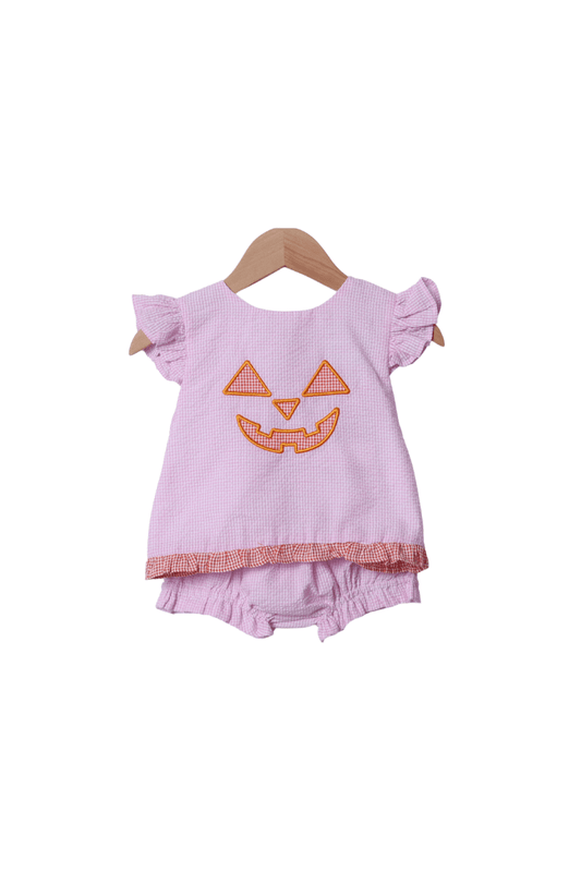 The Smocked Flamingo Apparel & Accessories Pink Seersucker Jack O Lantern Bloomer Set