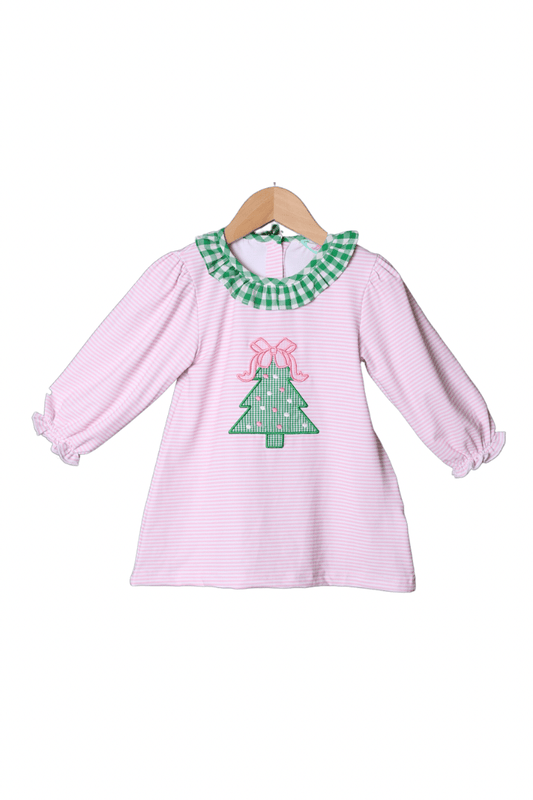 The Smocked Flamingo Apparel & Accessories Pink Stripe Applique Christmas Tree Dress