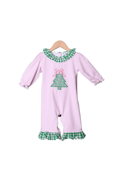 The Smocked Flamingo Apparel & Accessories Pink Stripe Applique Christmas Tree Romper