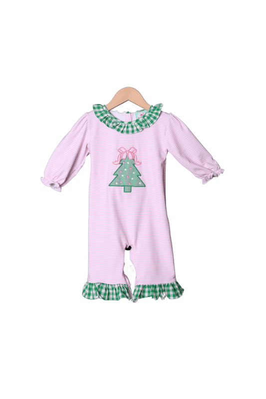 The Smocked Flamingo Apparel & Accessories Pink Stripe Applique Christmas Tree Romper