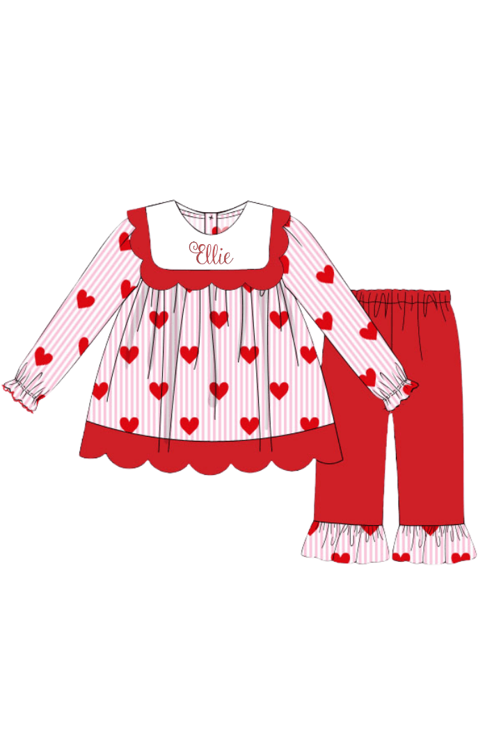 The Smocked Flamingo Apparel & Accessories Pink Stripe Hearts Scalloped Bib Pant Set