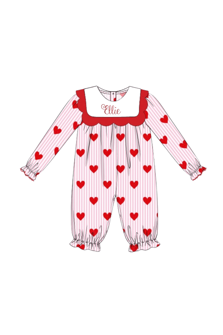 The Smocked Flamingo Apparel & Accessories Pink Stripe Hearts Scalloped Bib Romper