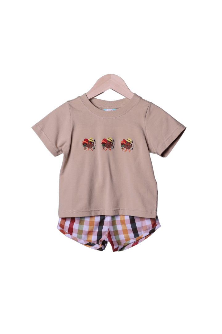 The Smocked Flamingo Apparel & Accessories Plaid Fishing Turkey Short Set