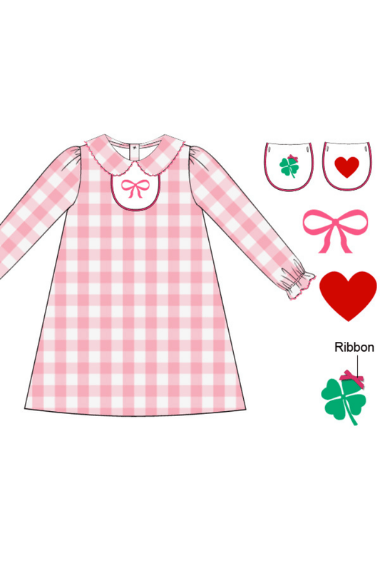 The Smocked Flamingo Apparel & Accessories Pre-Order 3-1 Interchangeable Valentine, Clover, Bow Pink Gingham Dress