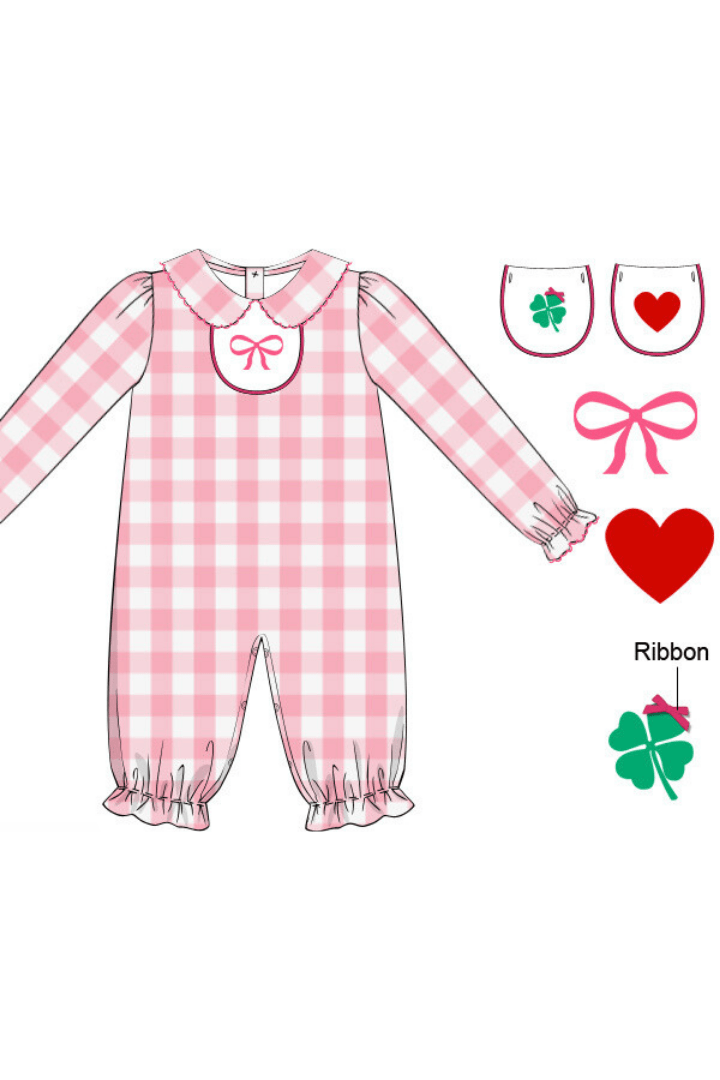 The Smocked Flamingo Apparel & Accessories Pre-Order 3-1 Interchangeable Valentine, Clover, Bow Pink Gingham Romper