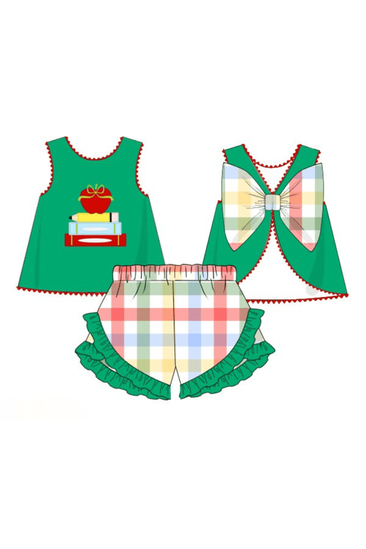 The Smocked Flamingo Apparel & Accessories Pre-Order Apple Back to School Plaid Ruffle Short Set