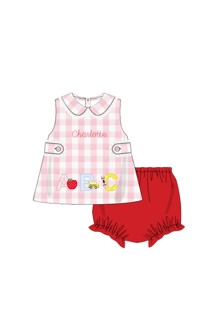 The Smocked Flamingo Apparel & Accessories Pre-Order Applique ABC Pink Buffalo Check Bloomer Set