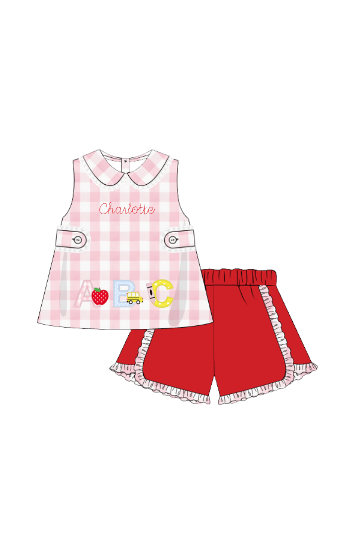 The Smocked Flamingo Apparel & Accessories Pre-Order Applique ABC Pink Buffalo Check Short Set