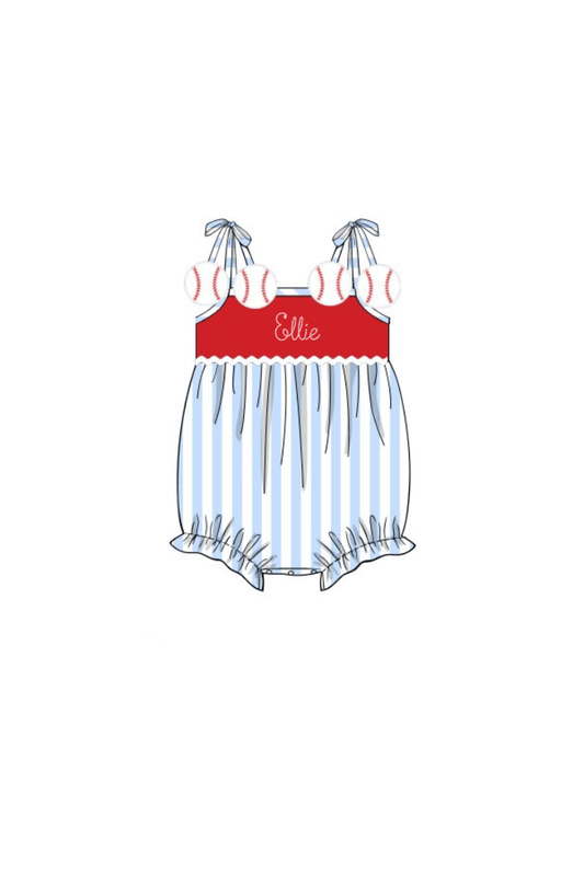 The Smocked Flamingo Apparel & Accessories Pre-Order Applique Baseball Blue Stripe Bubble