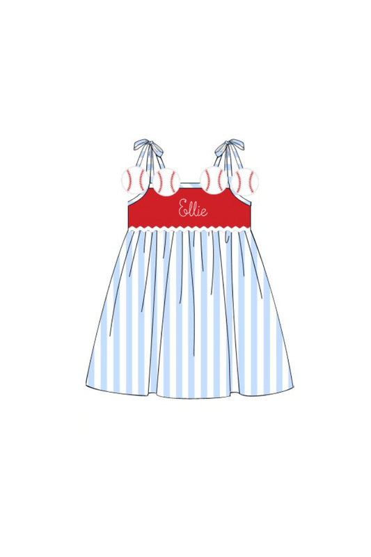 The Smocked Flamingo Apparel & Accessories Pre-Order Applique Baseball Blue Stripe Dress