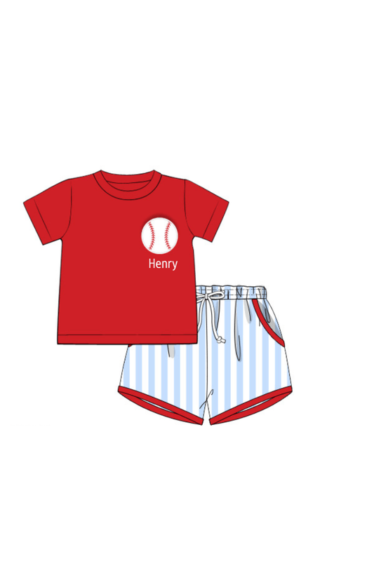 The Smocked Flamingo Apparel & Accessories Pre-Order Applique Baseball Blue Stripe Short Set