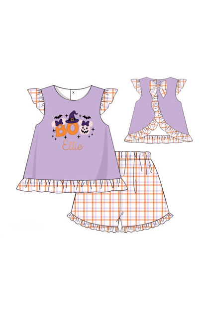 The Smocked Flamingo Apparel & Accessories Pre-Order Applique Boo Mouse Plaid/Purple Skirted Short Set