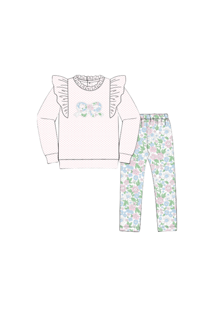 The Smocked Flamingo Apparel & Accessories Pre-Order Applique Bow Bitty Dot and Floral Ruffle Knit Pant Set