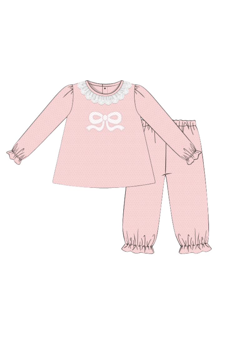 The Smocked Flamingo Apparel & Accessories Pre-Order Applique Bow Pink Honeycomb Pant Set