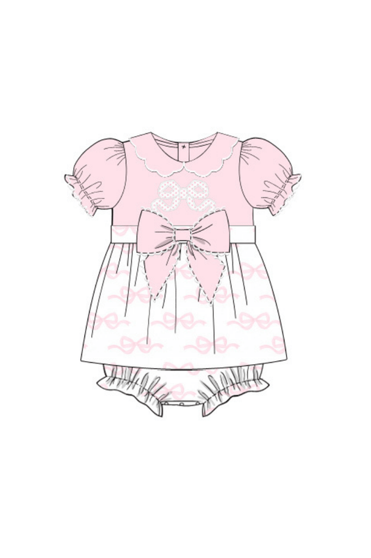 The Smocked Flamingo Apparel & Accessories Pre-Order Applique Bow Pink Knit Skirted Bubble