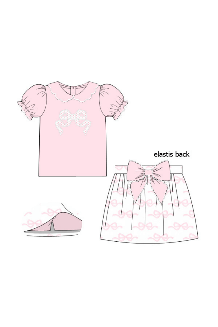 The Smocked Flamingo Apparel & Accessories Pre-Order Applique Bow Pink Knit Skort Set