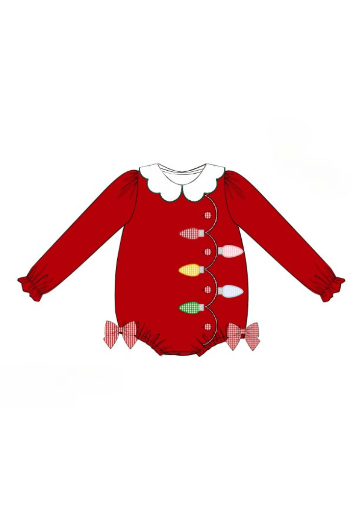 The Smocked Flamingo Apparel & Accessories Pre-Order Applique Christmas Lights  Red Corduroy Bubble