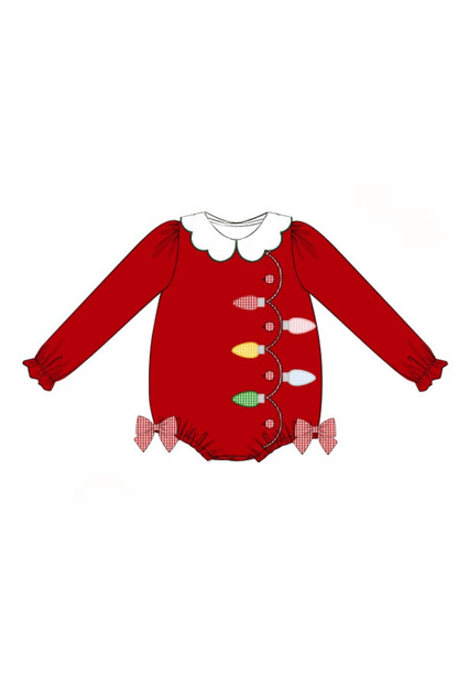 The Smocked Flamingo Apparel & Accessories Pre-Order Applique Christmas Lights  Red Corduroy Bubble