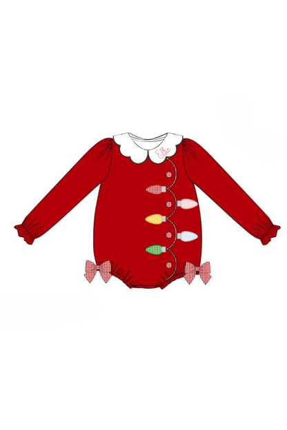 The Smocked Flamingo Apparel & Accessories Pre-Order Applique Christmas Lights  Red Corduroy Bubble