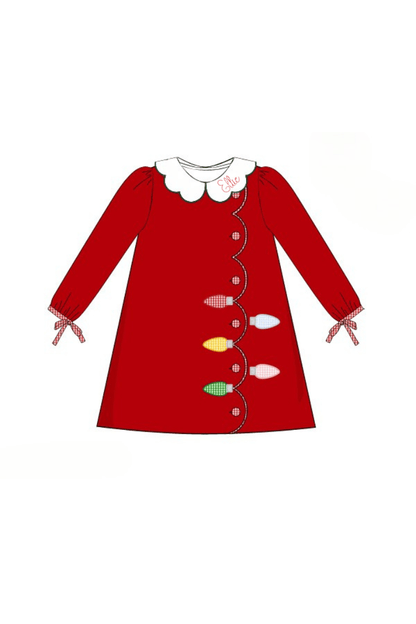 The Smocked Flamingo Apparel & Accessories Pre-Order Applique Christmas Lights  Red Corduroy Dress