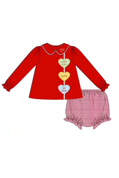 The Smocked Flamingo Apparel & Accessories Pre-Order Applique Conversation Heart Red Knit Bloomer Set