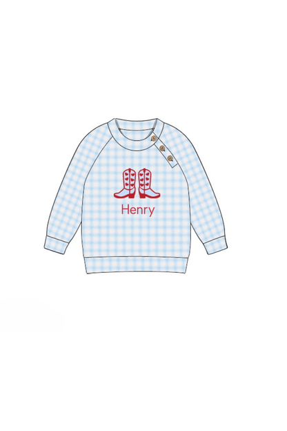 The Smocked Flamingo Apparel & Accessories Pre-Order Applique Cowboy Cupid Blue Gingham Cardigan Pullover