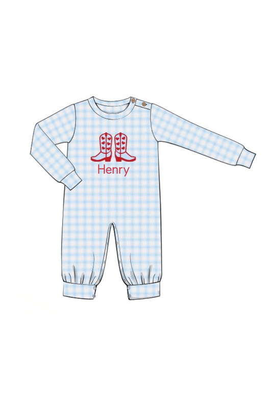 The Smocked Flamingo Apparel & Accessories Pre-Order Applique Cowboy Cupid Blue Gingham Cardigan Romper