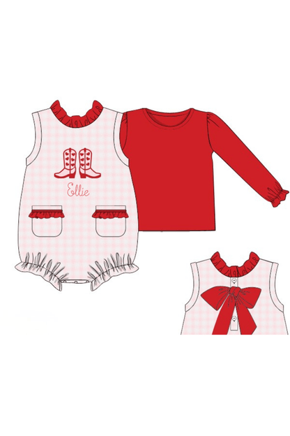 The Smocked Flamingo Apparel & Accessories Pre-Order Applique Cowgirl Cupid Pink Gingham Cardigan 2PS Bubble