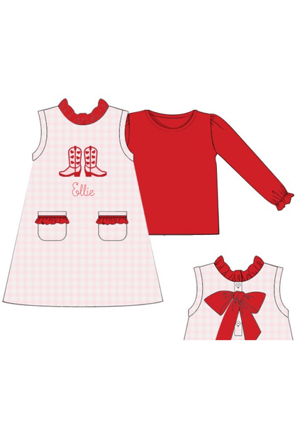 The Smocked Flamingo Apparel & Accessories Pre-Order Applique Cowgirl Cupid Pink Gingham Cardigan 2PS Dress