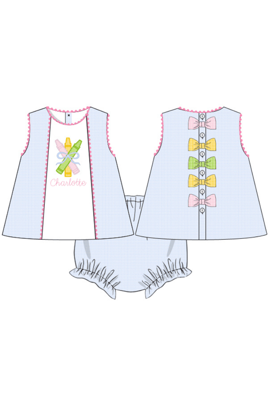 The Smocked Flamingo Apparel & Accessories Pre-Order Applique Crayon Blue Gingham Bloomer Set