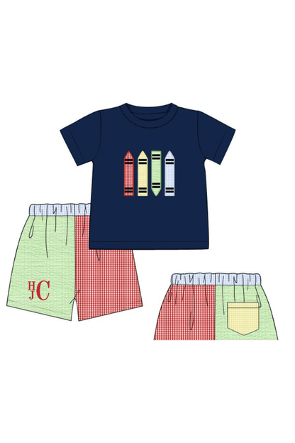 The Smocked Flamingo Apparel & Accessories Pre-Order Applique Crayons Color Block Gingham Short Set