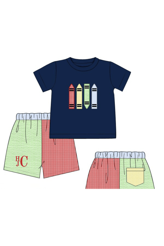 The Smocked Flamingo Apparel & Accessories Pre-Order Applique Crayons Color Block Gingham Short Set