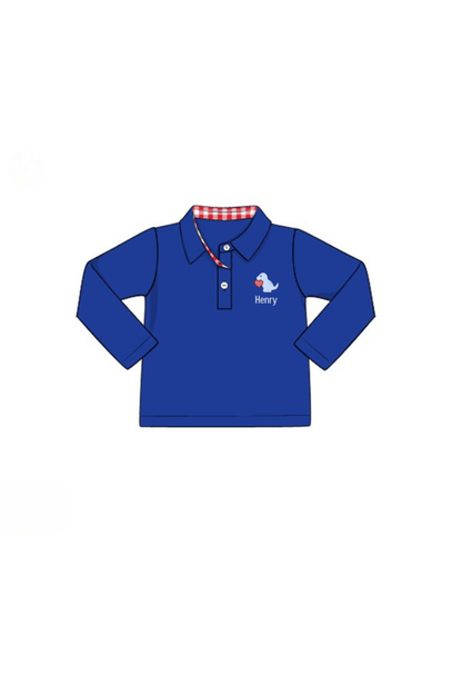 The Smocked Flamingo Apparel & Accessories Pre-Order Applique Dino Love Blue Polo Shirt
