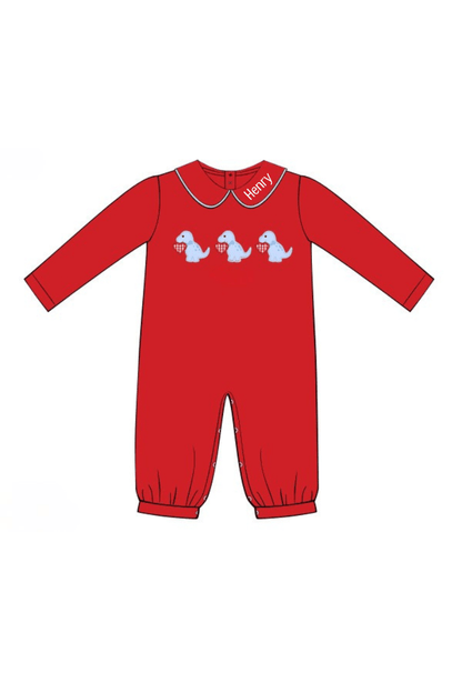 The Smocked Flamingo Apparel & Accessories Pre-Order Applique Dino Love Red Knit Romper