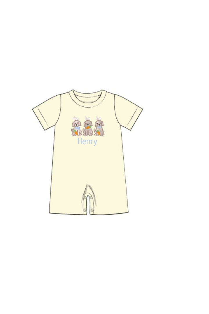 The Smocked Flamingo Apparel & Accessories Pre-Order Applique Easter Puppy Yellow Knit Romper