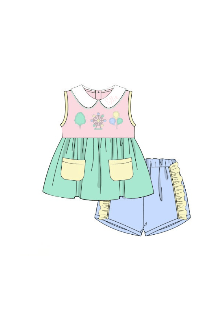 The Smocked Flamingo Apparel & Accessories Pre-Order Applique Ferris Wheel Fun Color Block Swing Short Set