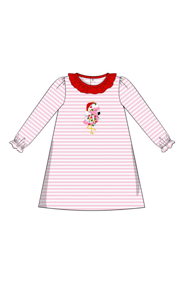 The Smocked Flamingo Apparel & Accessories Pre-Order Applique Festive Flamingo Pink Stripe Knit Dress