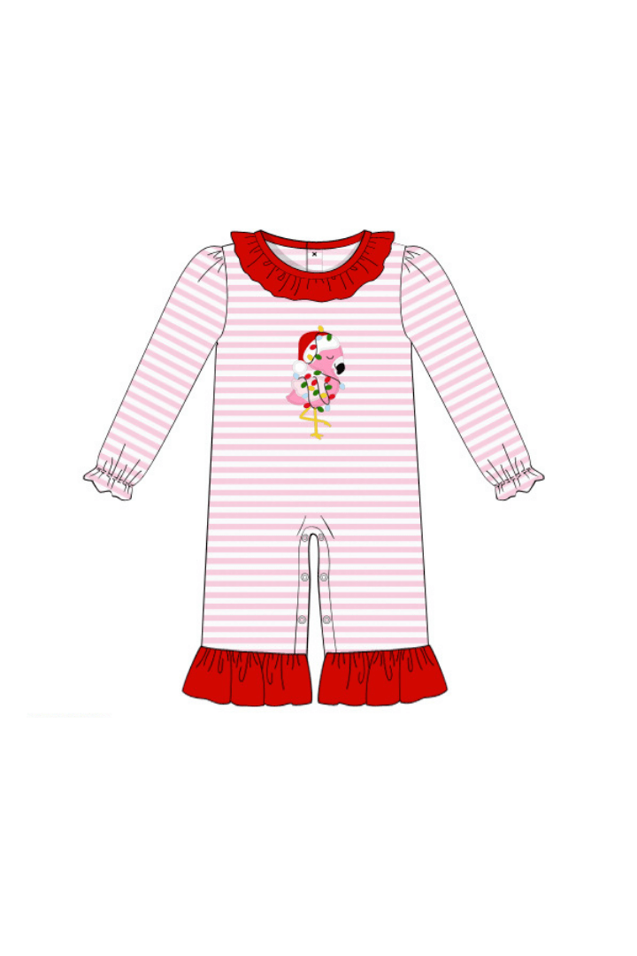 The Smocked Flamingo Apparel & Accessories Pre-Order Applique Festive Flamingo Pink Stripe Knit Romper