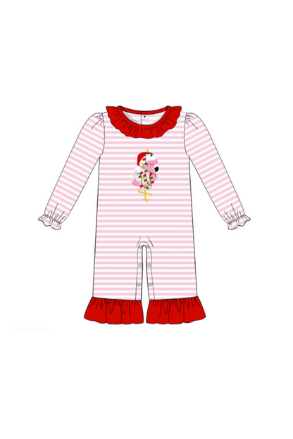 The Smocked Flamingo Apparel & Accessories Pre-Order Applique Festive Flamingo Pink Stripe Knit Romper