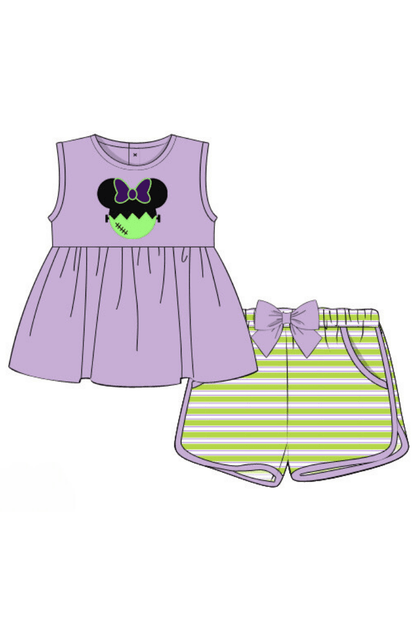 The Smocked Flamingo Apparel & Accessories Pre-Order Applique Frankentein Mouse Purple Short Set