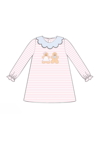The Smocked Flamingo Apparel & Accessories Pre-Order Applique Gingerbread Pink Stripe Dress