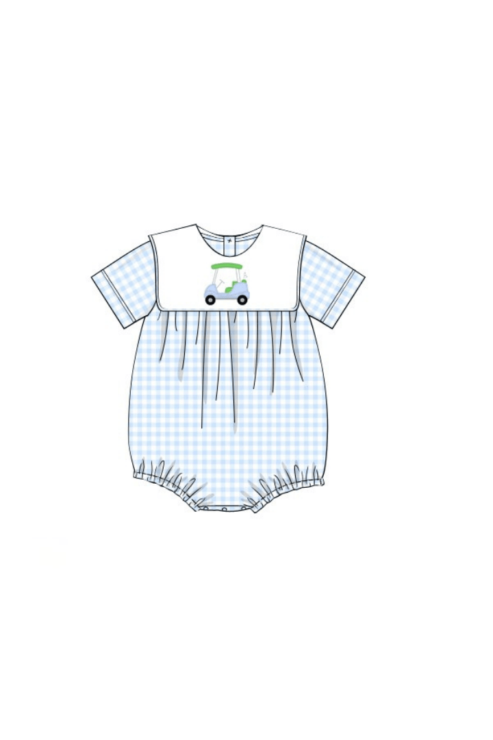 The Smocked Flamingo Apparel & Accessories Pre-Order Applique Golf Cart Blue Gingham Bubble
