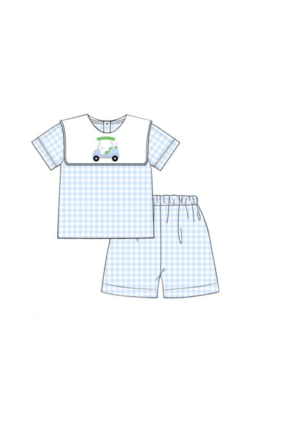 The Smocked Flamingo Apparel & Accessories Pre-Order Applique Golf Cart Blue Gingham Short Set