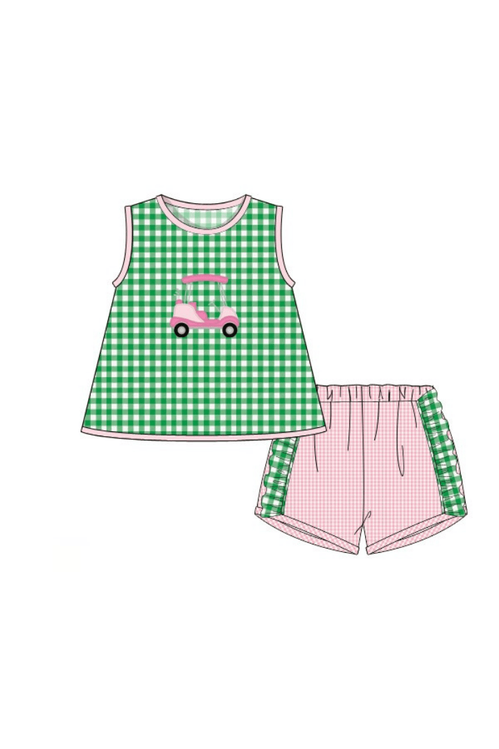 The Smocked Flamingo Apparel & Accessories Pre-Order Applique Golf Cart Green/Pink Gingham Short Set