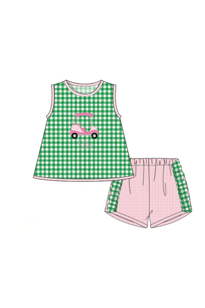 The Smocked Flamingo Apparel & Accessories Pre-Order Applique Golf Cart Green/Pink Gingham Short Set