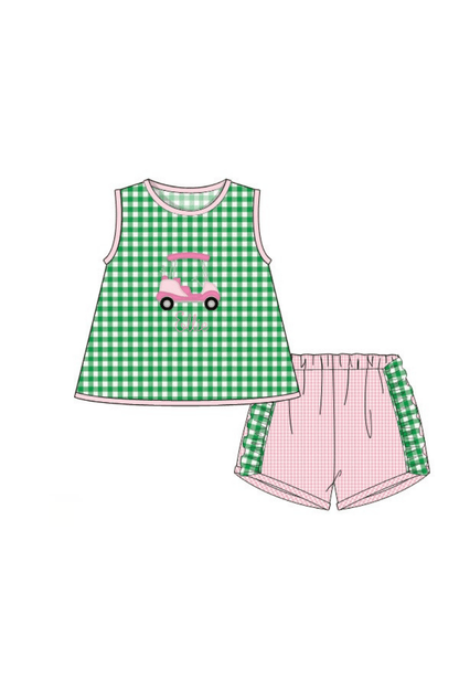 The Smocked Flamingo Apparel & Accessories Pre-Order Applique Golf Cart Green/Pink Gingham Short Set
