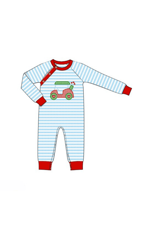 The Smocked Flamingo Apparel & Accessories Pre-Order Applique Golf Heart Blue Stripe Romper